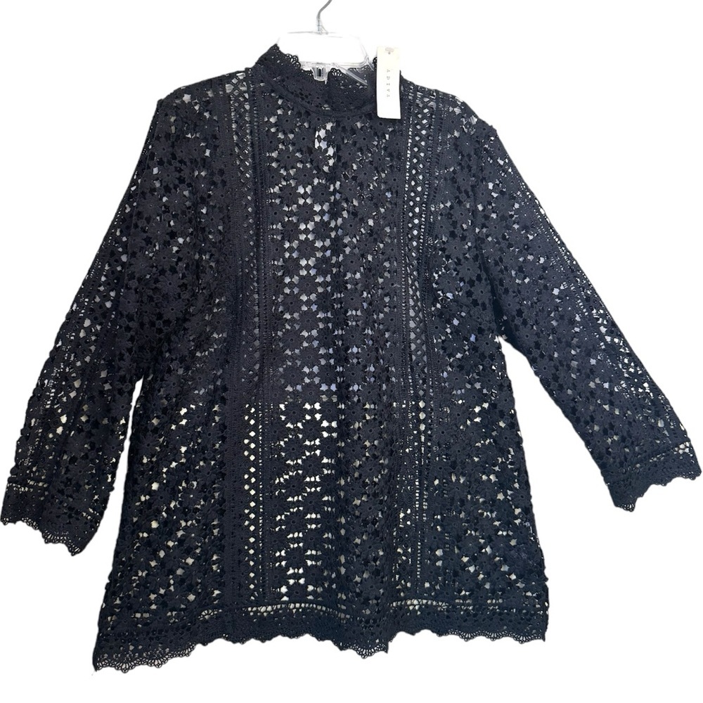 Adiva NEW Lace Crochet Sheer Ruffle Mock Neck Blouse Top Tunic Flower Knit Large